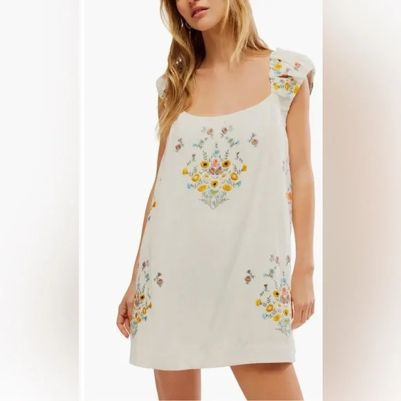 Free People Wildflower Floral Embroidered White mini Dress Sz S - Picture 4 of 8